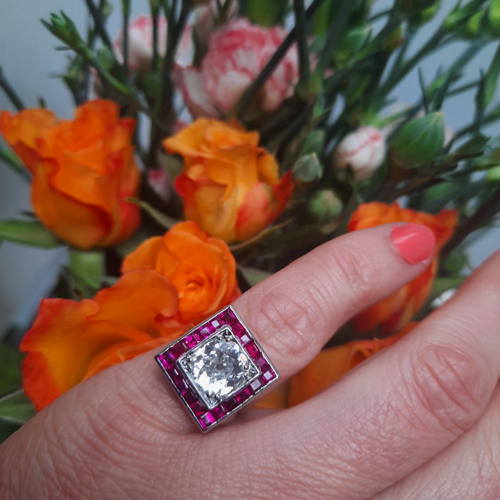 Art Deco Diamond and Calibre Ruby Square Shaped Cluster Ring