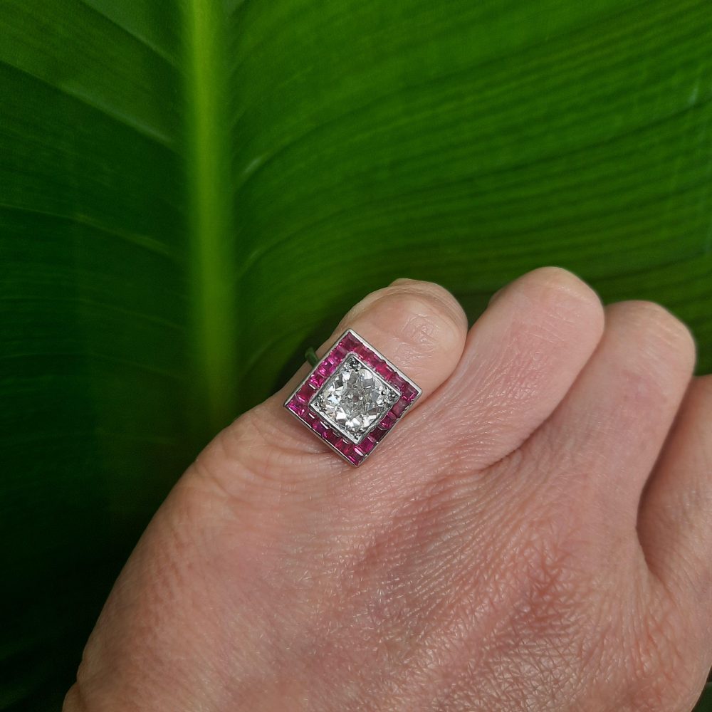 Art Deco Diamond and Calibre Ruby Square Shaped Cluster Ring