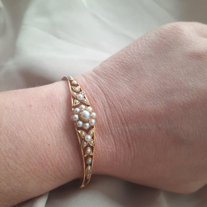 Antique Pearl Floral Cluster Bangle Bracelet in 15ct Gold