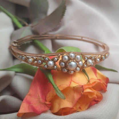 Antique Pearl Floral Cluster Bangle Bracelet in 15ct Gold
