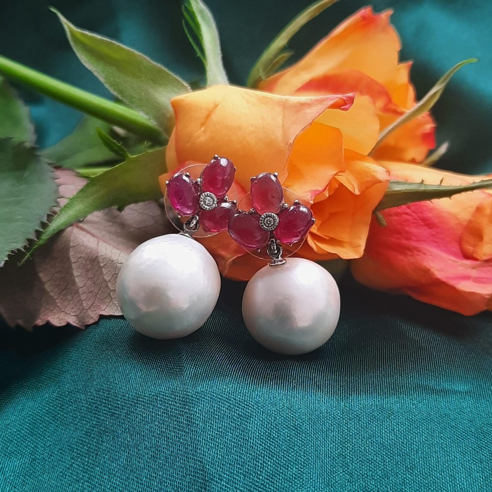 Cabochon Ruby and Pearl Drop Earrings