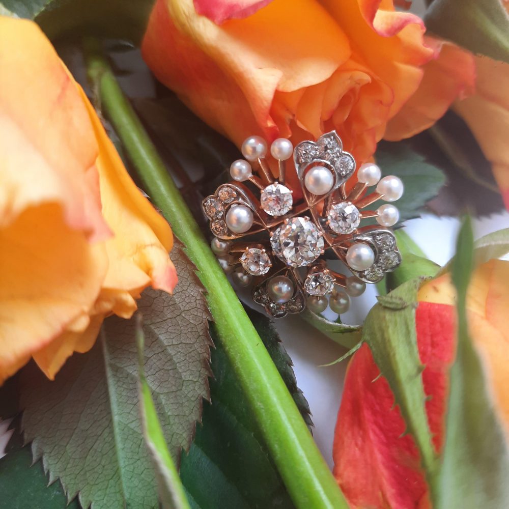 Natural Pearl and Old Cut Diamond Pendant Brooch