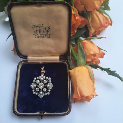 Natural Pearl and Old Cut Diamond Pendant Brooch