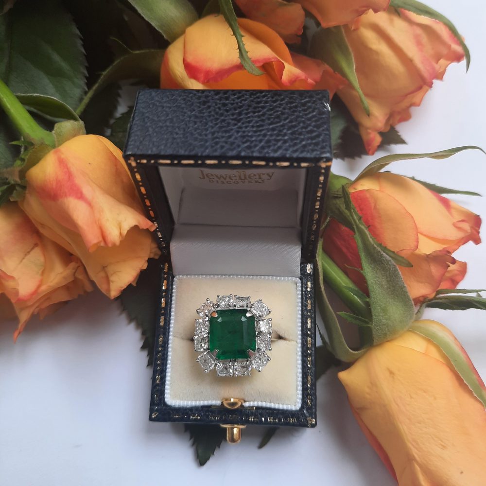 4ct Zambian Octagonal Emerald and Diamond Cluster Ring in Platinum