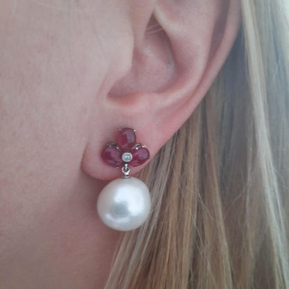 Cabochon Ruby and Pearl Drop Earrings