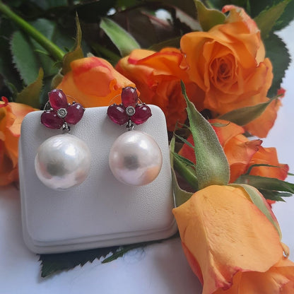 Cabochon Ruby and Pearl Drop Earrings