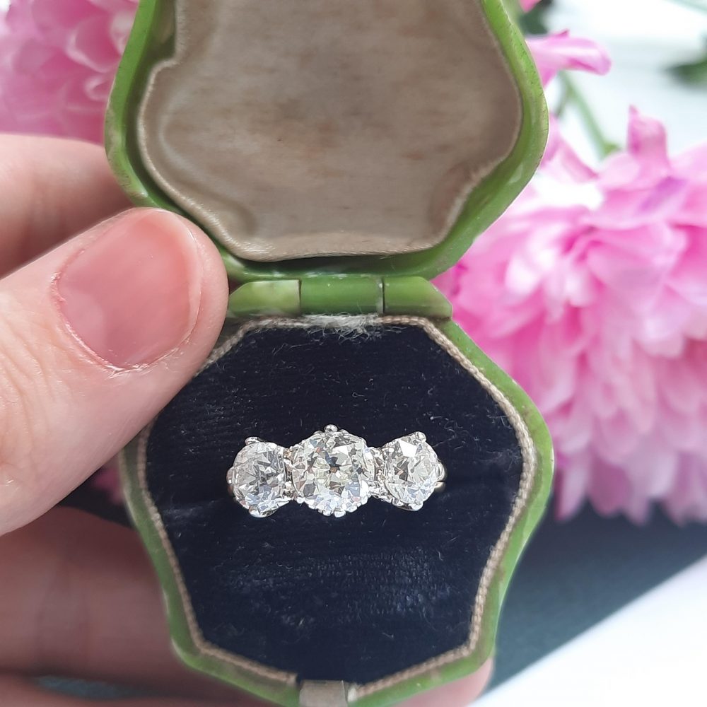 Old Mine Cut Diamond Trilogy Ring, 2.65 carat total