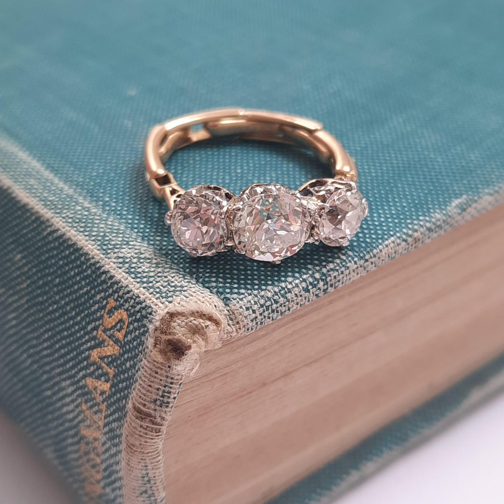 Old Mine Cut Diamond Trilogy Ring, 2.65 carat total