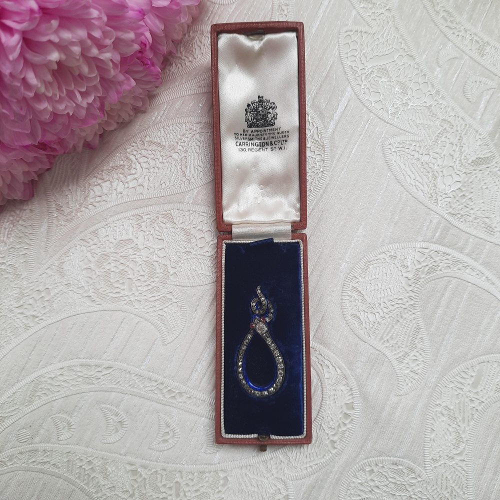 Antique Victorian 2ct Old Cut Diamond and Blue Enamel Snake Pendant