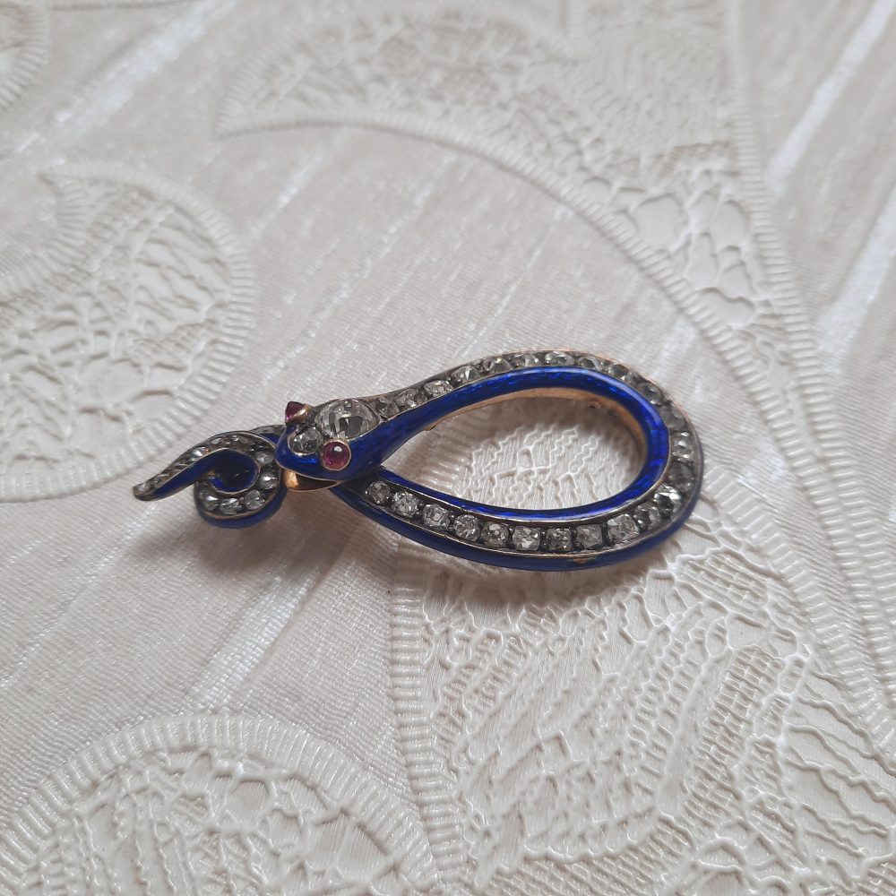 Antique Victorian Diamond and Blue Enamel Snake Pendant