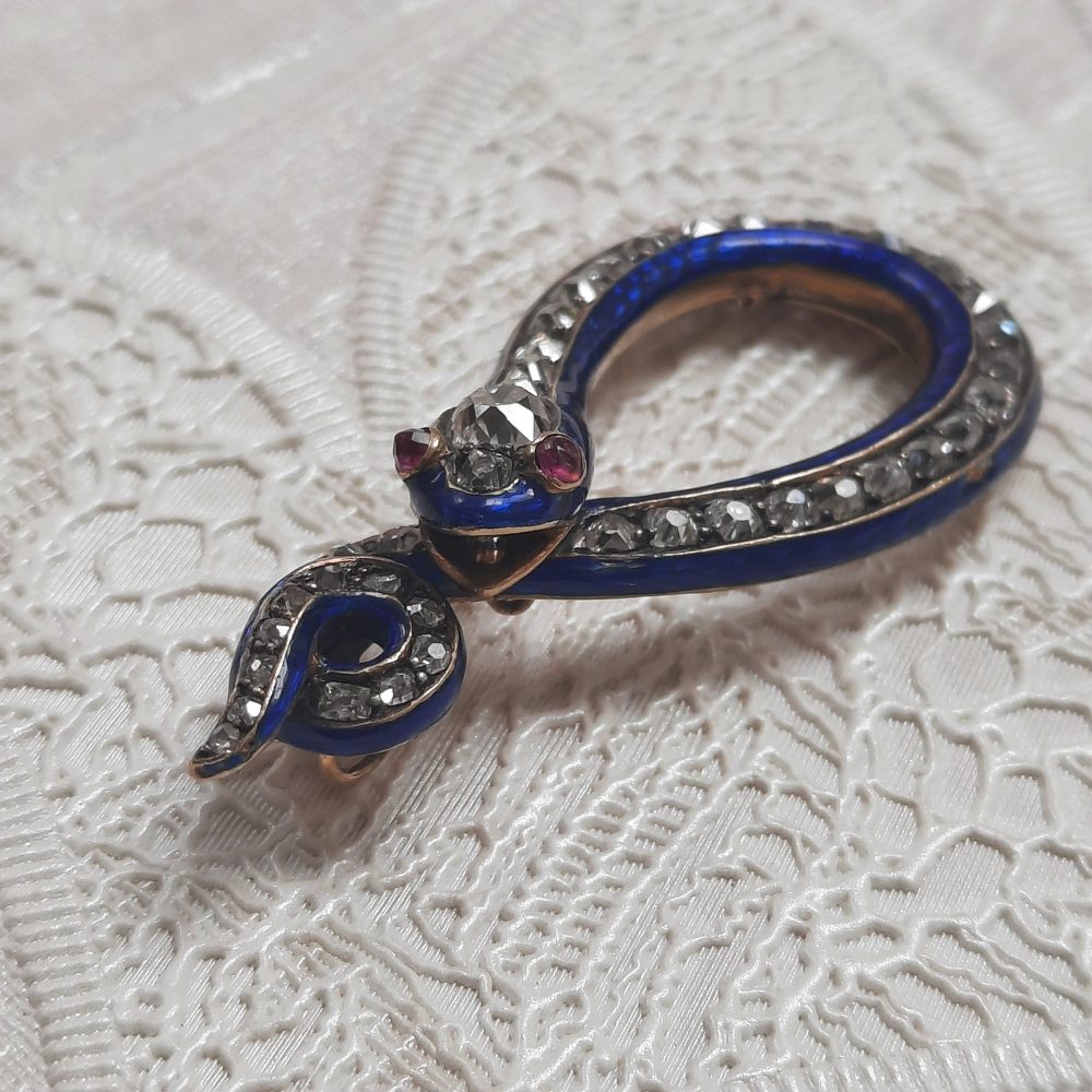 Antique Victorian Diamond and Blue Enamel Snake Pendant