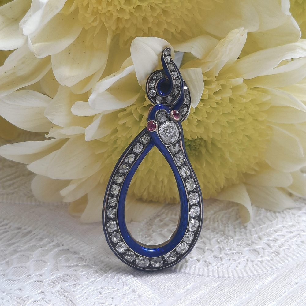 Antique Victorian Diamond and Blue Enamel Snake Pendant