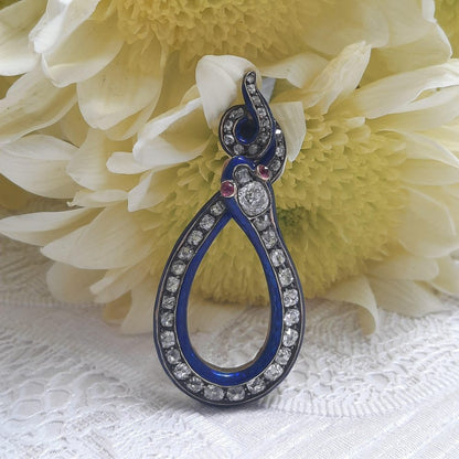 Antique Victorian Diamond and Blue Enamel Snake Pendant