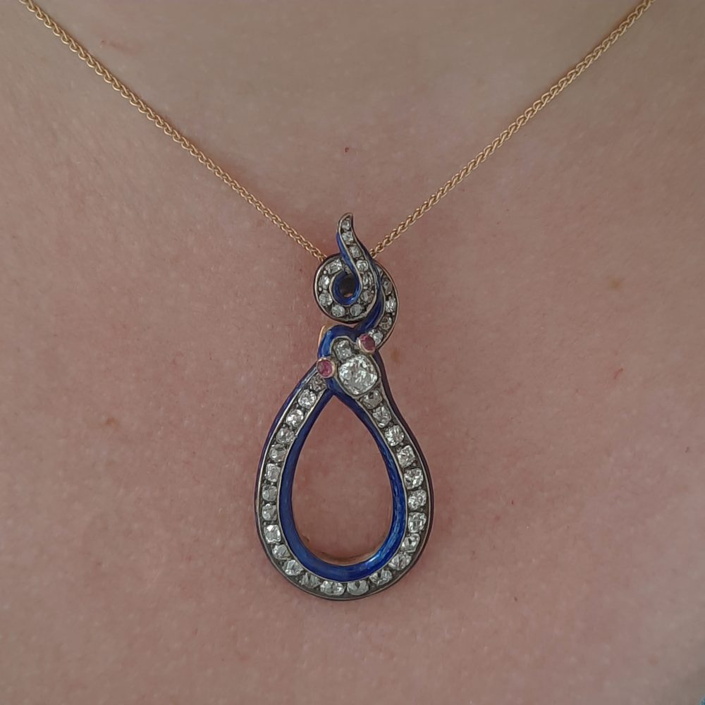 Antique Victorian Diamond and Blue Enamel Snake Pendant