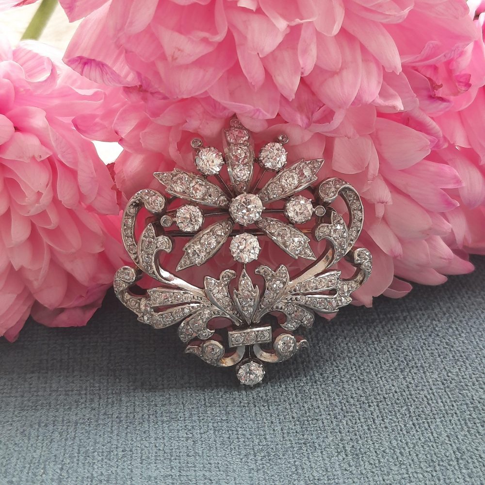 Antique Victorian 4ct Old Cut Diamond Flower Brooch