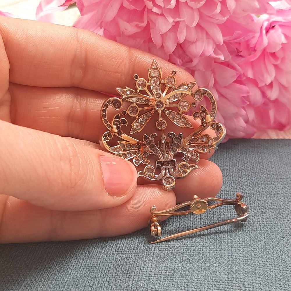 Antique Victorian 4ct Old Cut Diamond Flower Brooch