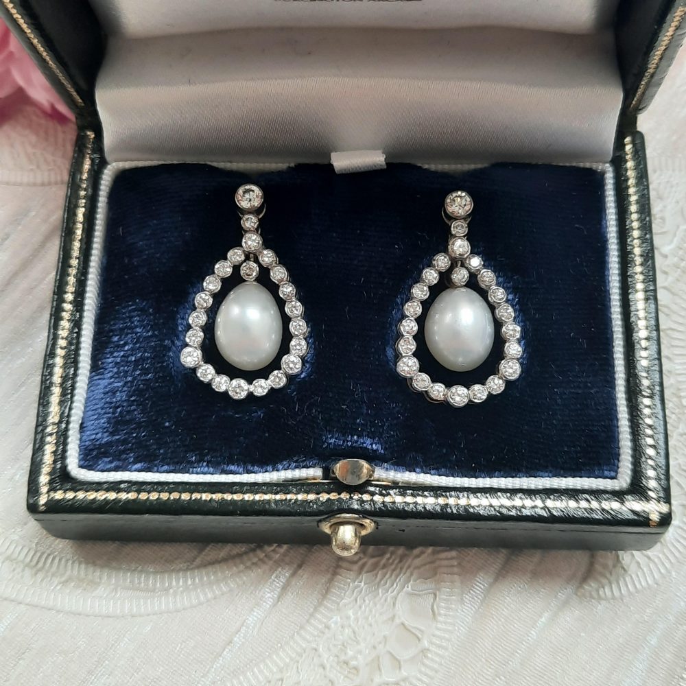 Pearl and diamond cluster drop earrings