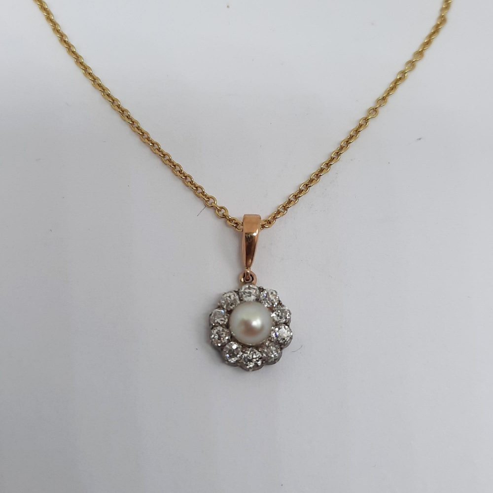 Antique Victorian Pearl and Diamond Cluster Pendant Necklace