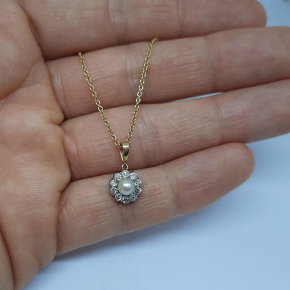 Antique Victorian Pearl and Diamond Cluster Pendant Necklace