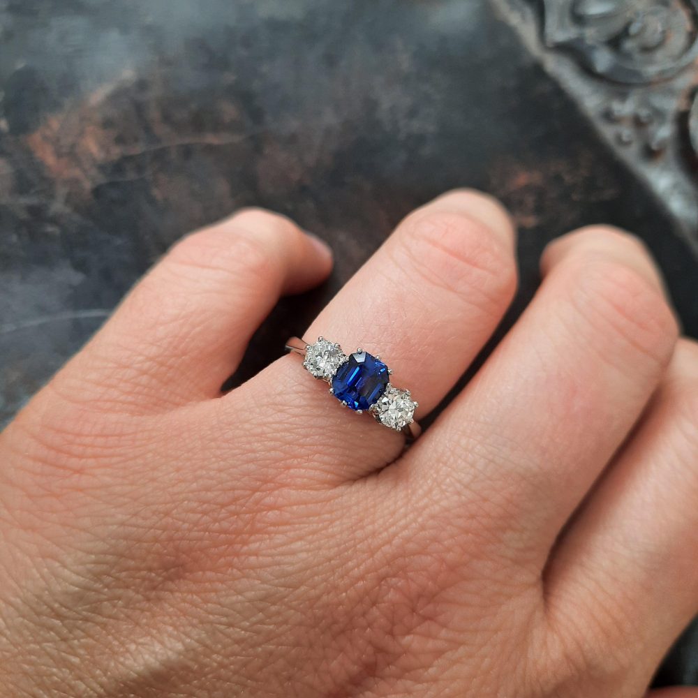1.23ct Sapphire and Old Cut Diamond Three Stone Ring