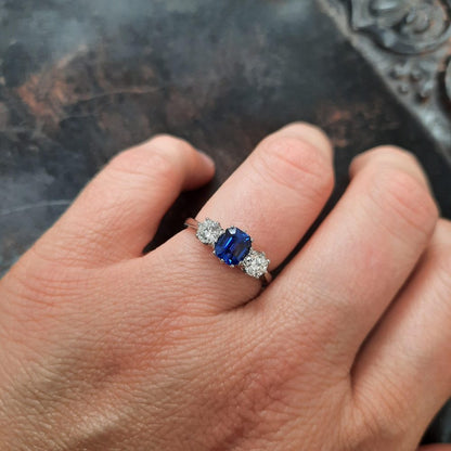 1.23ct Sapphire and Old Cut Diamond Three Stone Ring