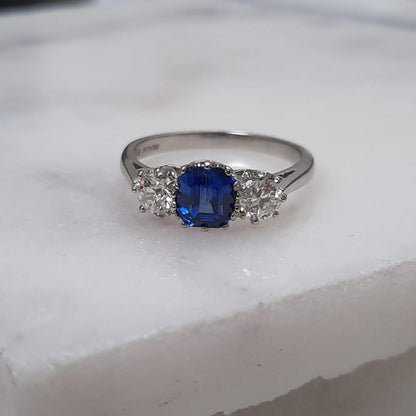 1.23ct Sapphire and Old Cut Diamond Three Stone Ring