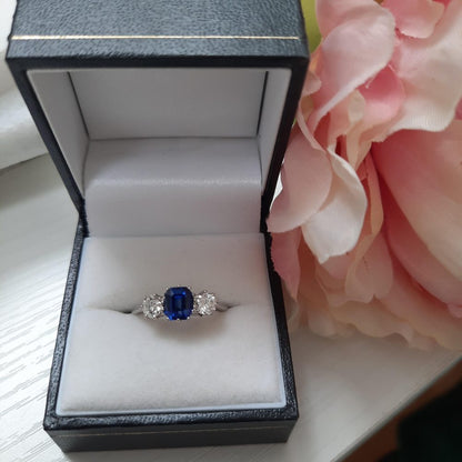 1.23ct Sapphire and Old Cut Diamond Three Stone Ring