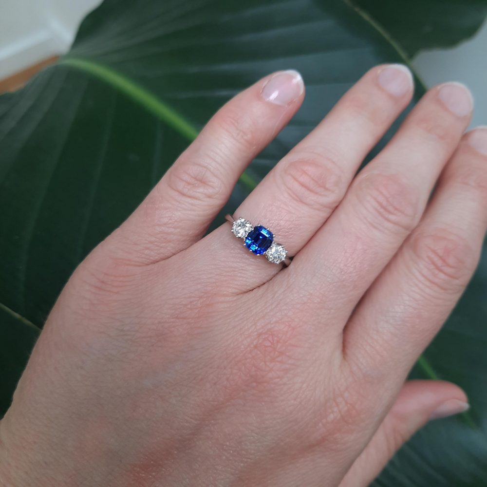 1.23ct Sapphire and Old Cut Diamond Three Stone Ring