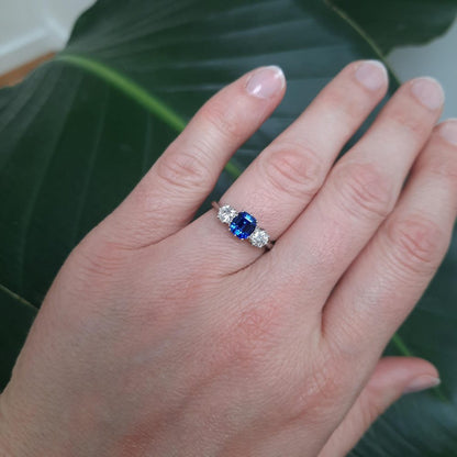 1.23ct Sapphire and Old Cut Diamond Three Stone Ring