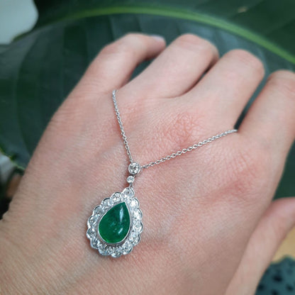 Antique Edwardian 2.50ct Emerald and Diamond Pendant Necklace