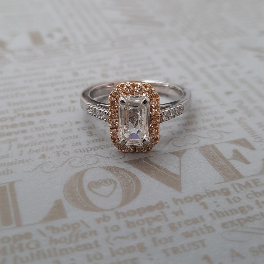1.14ct Emerald Cut Diamond Ring with Yellow Diamond Halo Cluster
