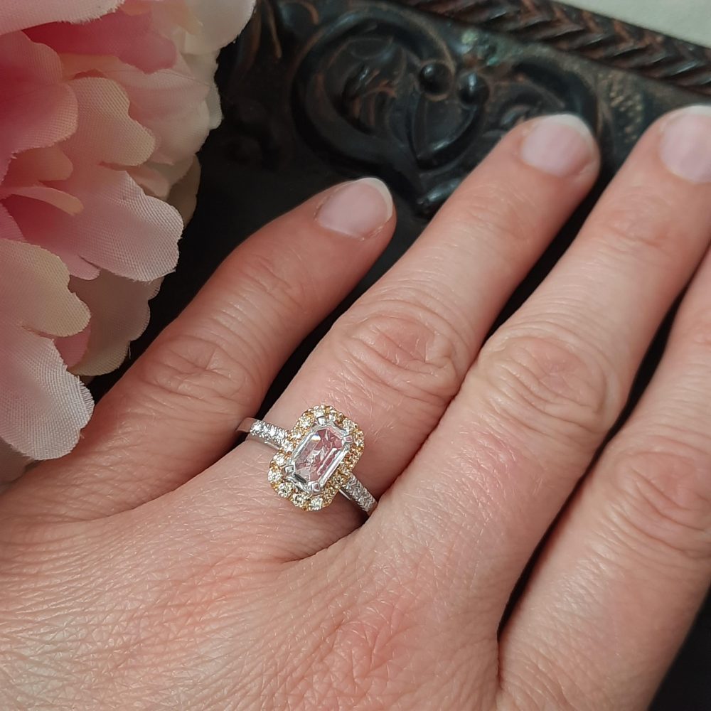 1.14ct Emerald Cut Diamond Ring with Yellow Diamond Halo Cluster