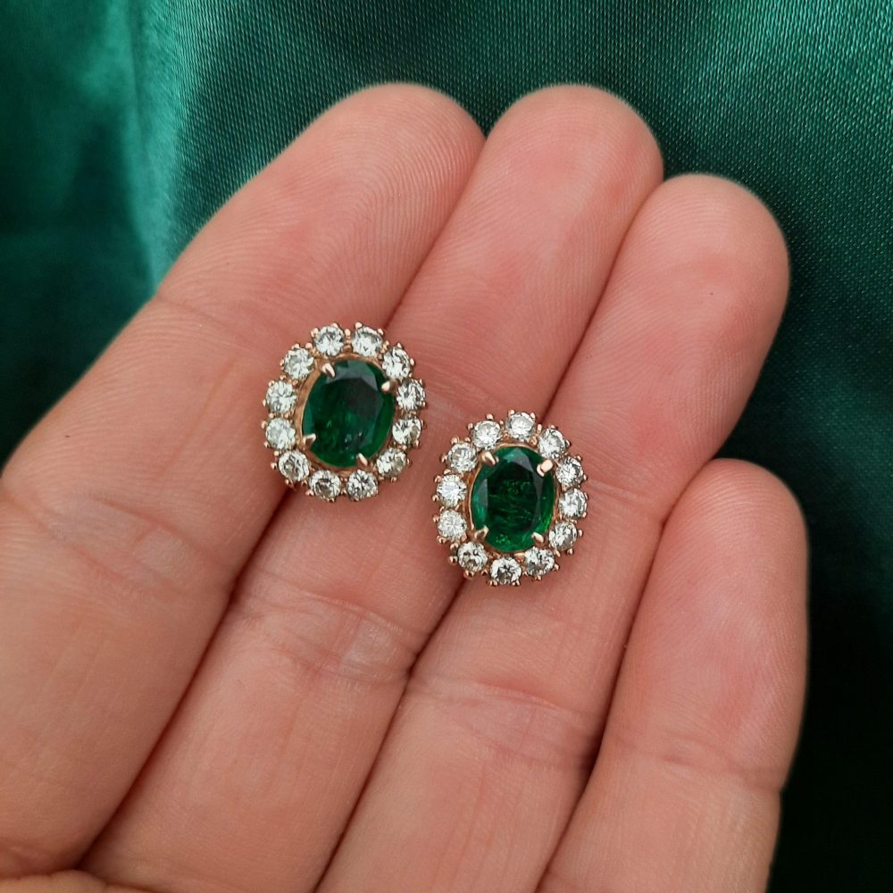 2.20ct Colombian Emerald and Diamond Oval Cluster Earrings