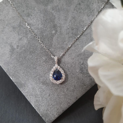 1.31ct Pear Cut Sapphire and Diamond Cluster Pendant