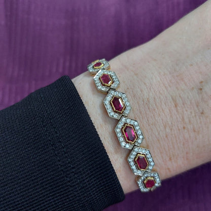 Model wearing ruby and diamond bracelet