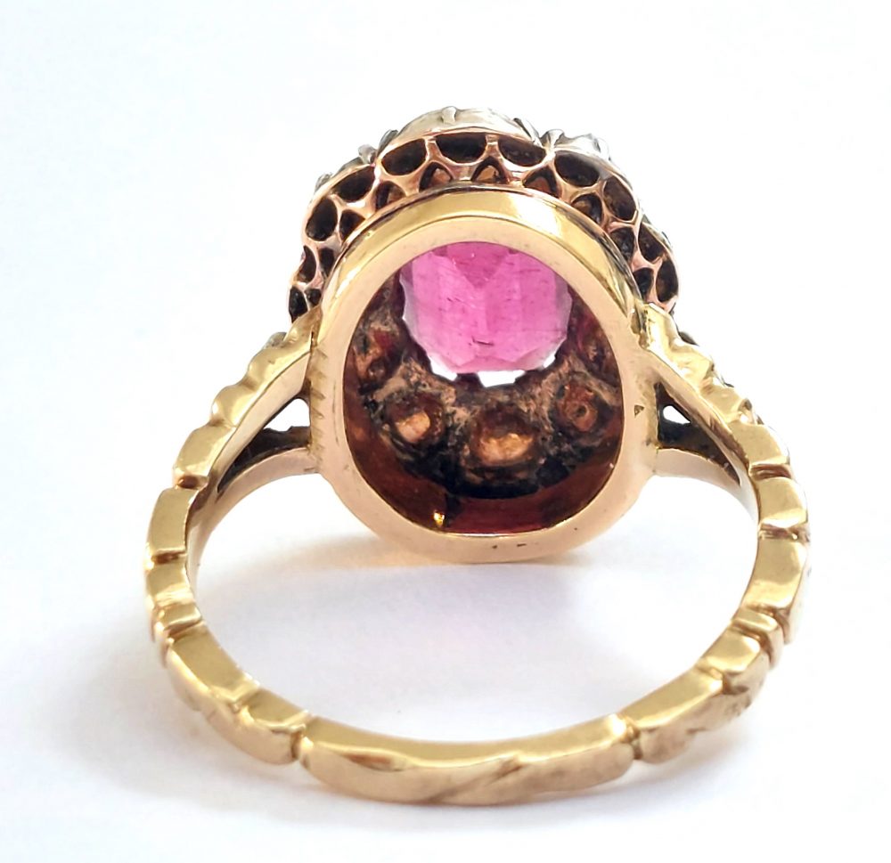 Antique Rose Cut Diamond and Pink Tourmaline Cluster Ring
