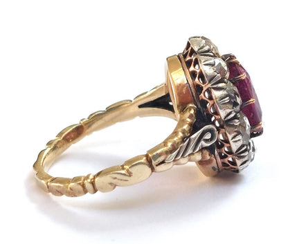 Antique Rose Cut Diamond and Pink Tourmaline Cluster Ring