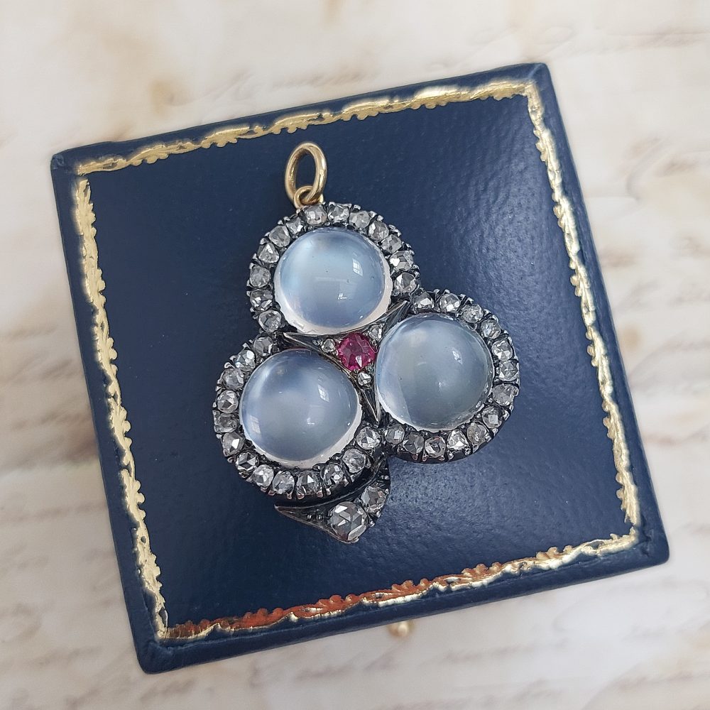 Antique Victorian Moonstone Three Leaf Clover Brooch Pendant