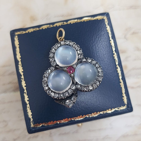 Antique Victorian Moonstone Three Leaf Clover Brooch Pendant