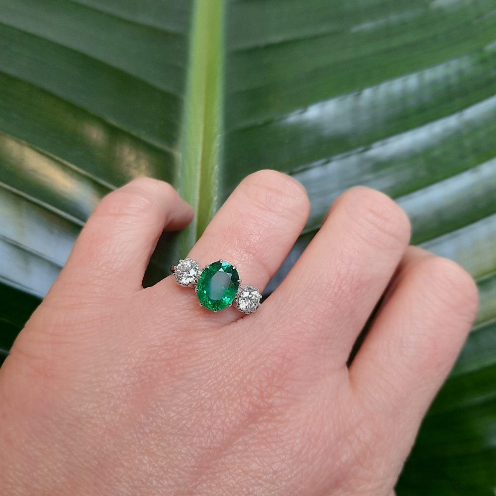 1.70ct Emerald and Diamond Three Stone Ring in Platinum