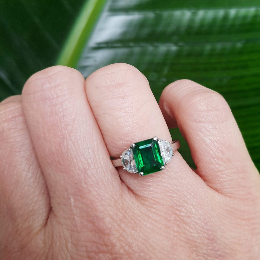 2ct Emerald and Half Moon Diamond Platinum Ring