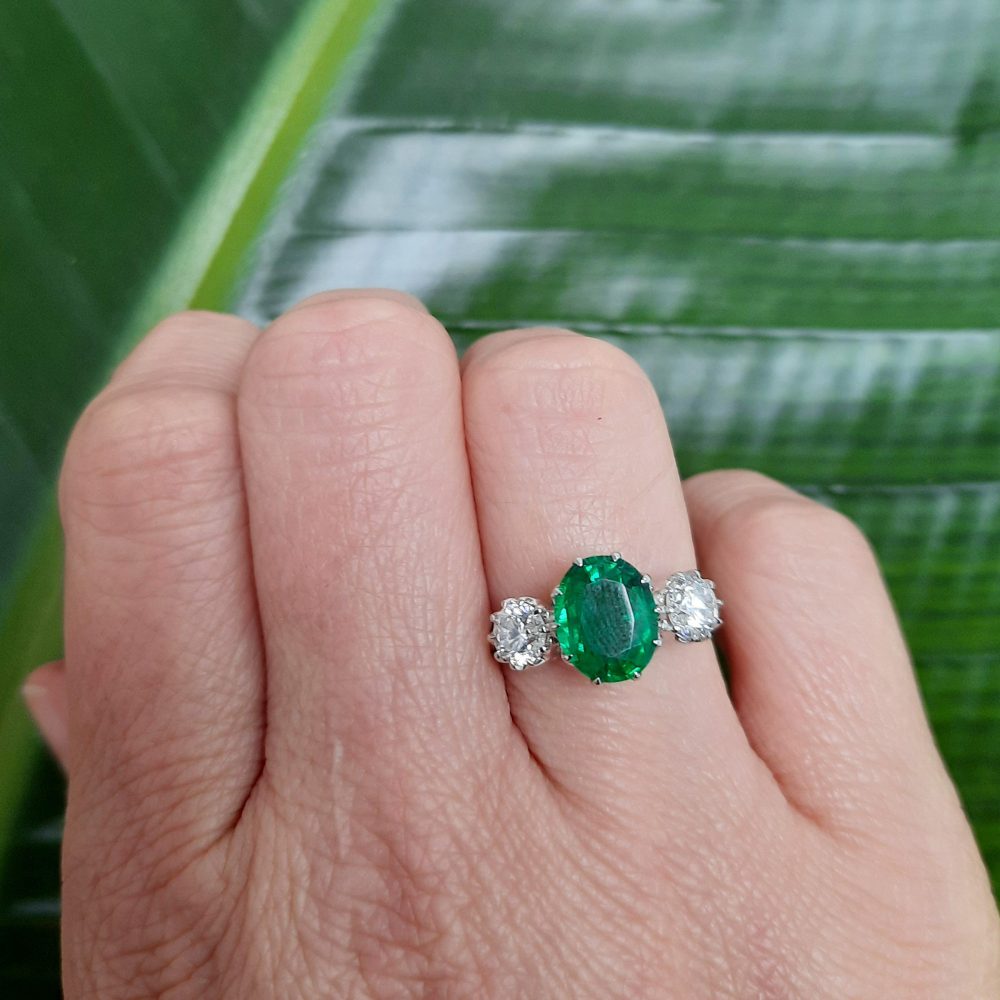1.70ct Emerald and Diamond Three Stone Ring in Platinum