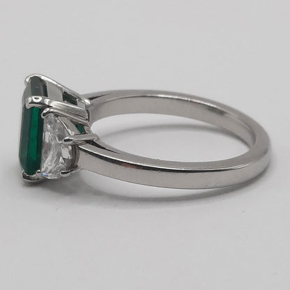 2ct Emerald and Half Moon Diamond Platinum Ring
