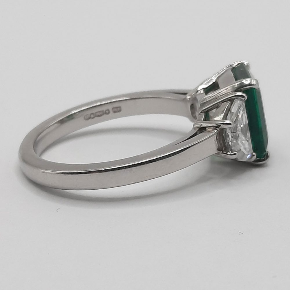 2ct Emerald and Half Moon Diamond Platinum Ring