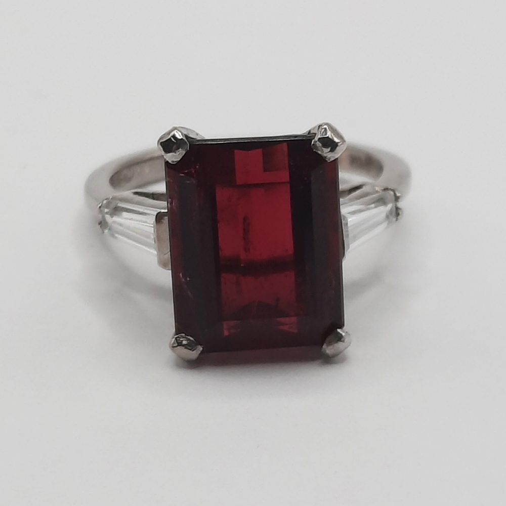 Vintage 3ct Emerald Cut Rubellite Solitaire Ring, Circa 1940s