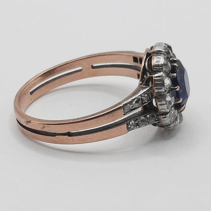 Antique French 1.07ct Sapphire and Diamond Cluster Dress Ring
