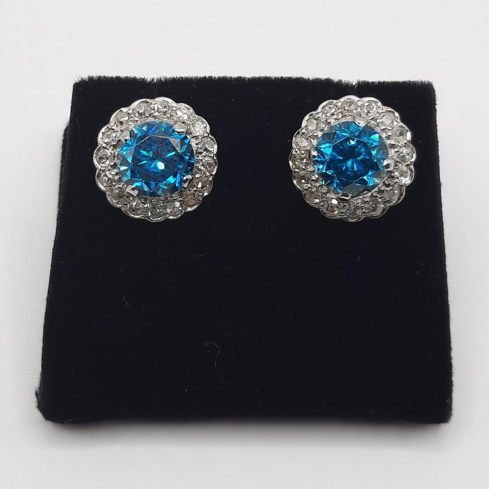 Antique 5ct Electric Blue Zircon and Diamond Cluster Stud Earrings