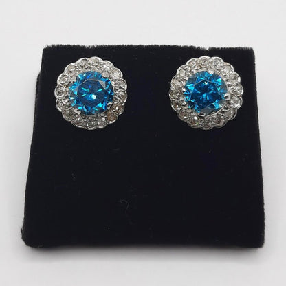 Antique 5ct Electric Blue Zircon and Diamond Cluster Stud Earrings