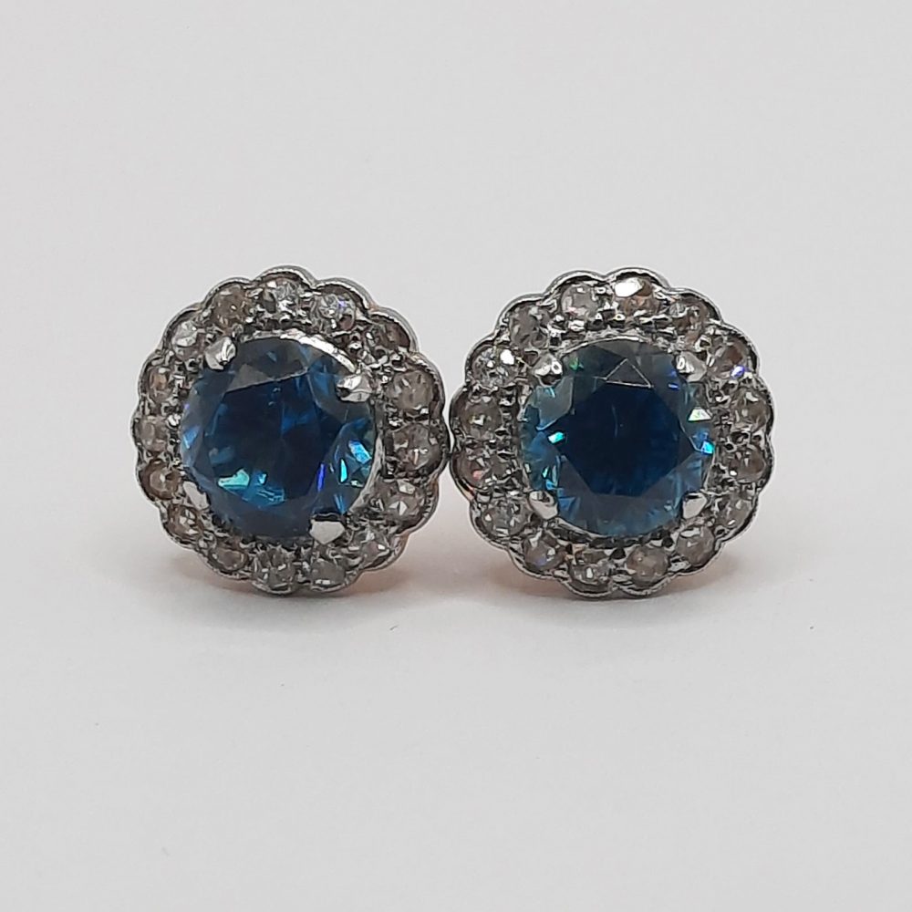 Antique 5ct Electric Blue Zircon and Diamond Cluster Stud Earrings