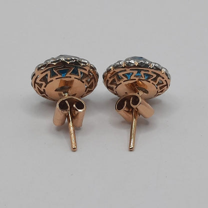 Antique 5ct Electric Blue Zircon and Diamond Cluster Stud Earrings